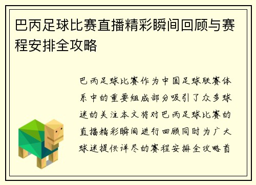 巴丙足球比赛直播精彩瞬间回顾与赛程安排全攻略